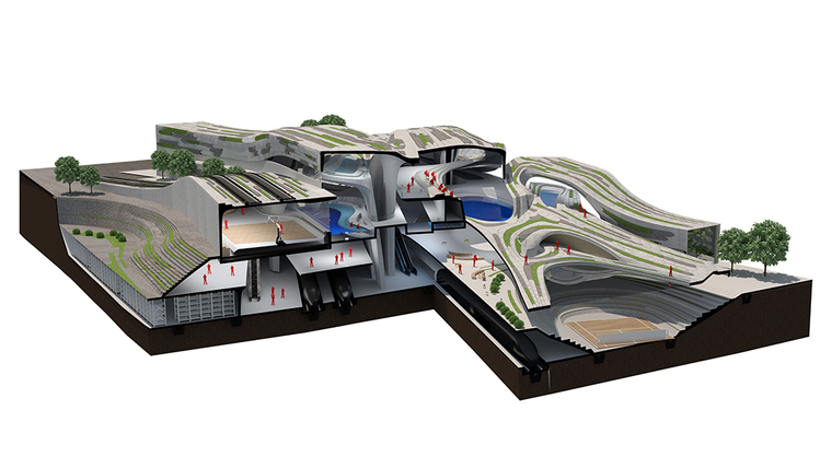 Cutaway view of a 3D architectural rendering of a multi-level building