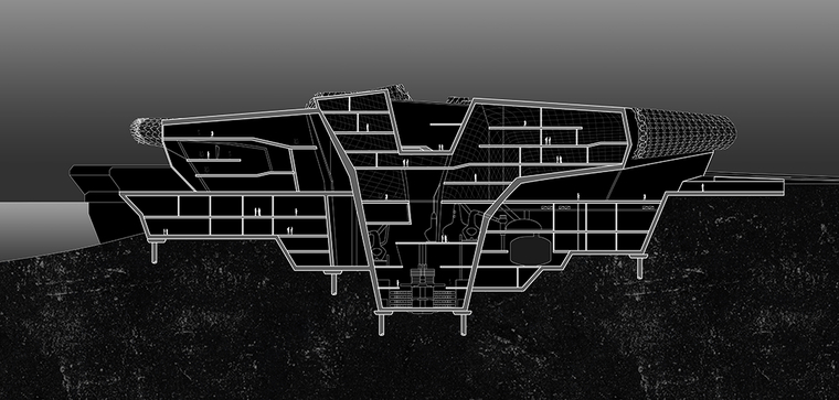Architectural rendering showing the cross section of a large building