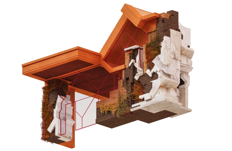 Sample assembly of temporary structure built over permanent marble and brick
